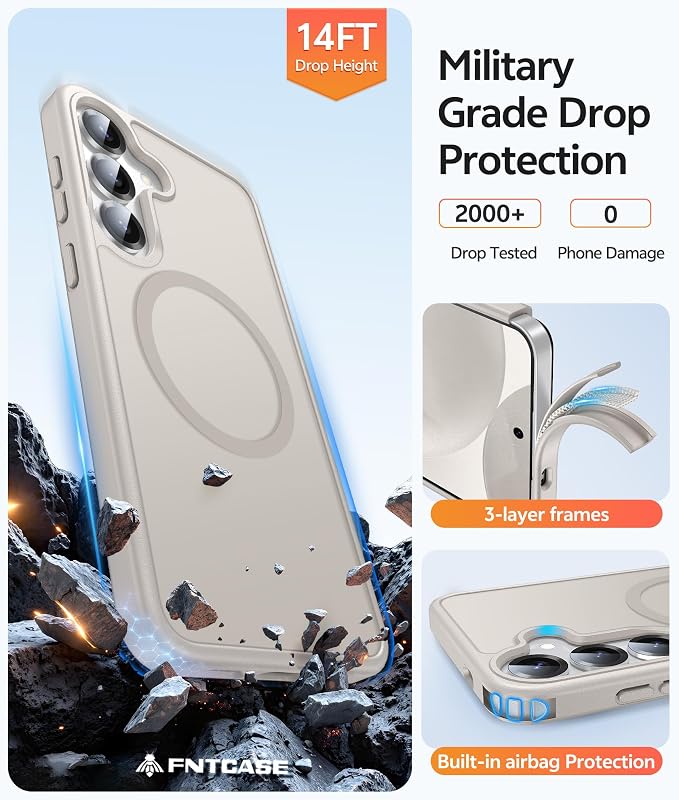 FNTCASE for Samsung Galaxy S25/S24 Case, Fit for Magsafe, Screen Protector | Translucent Matte Magnetic Back, 14FT Military Grade Drop Protection, Shockproof Protective Phone Cover, Off White