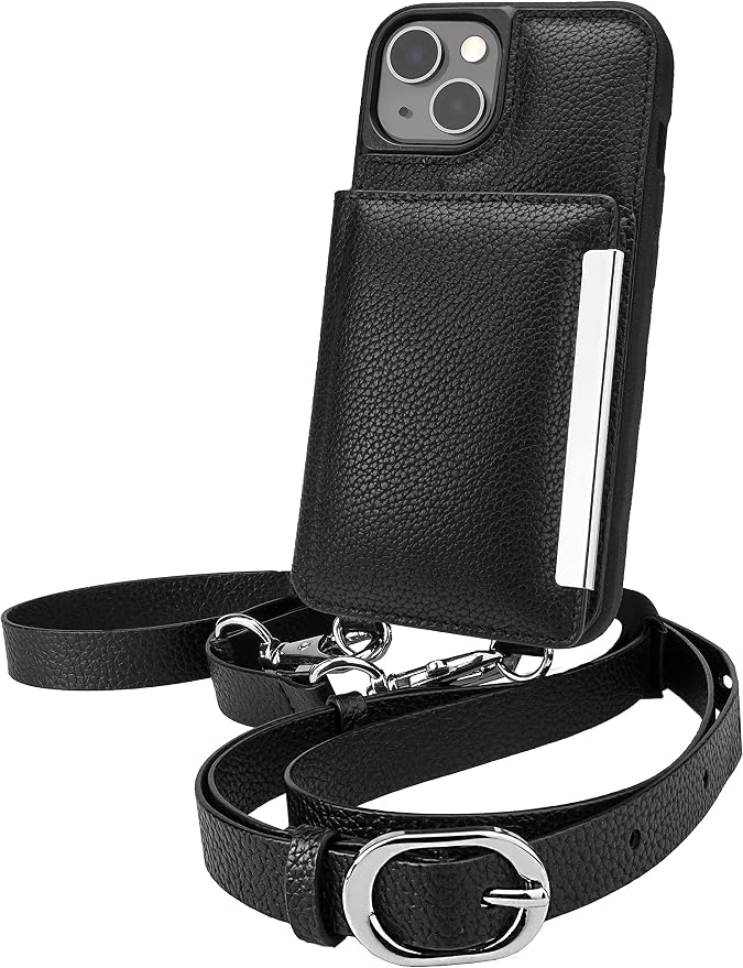Smartish iPhone 13 Crossbody Wallet Case for Women - Dancing Queen [Purse/Clutch with Detachable Strap & Wristlet] Protective Cover with Credit Card Holder - Stiletto Black-Silver