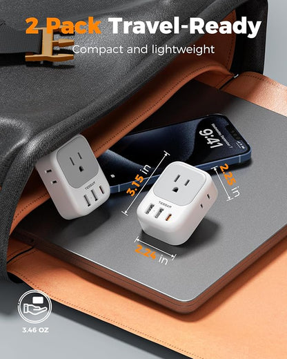 TESSAN 2 Prong to 3 Prong Outlet Adapter 2 Pack, US to Japan Plug Adapter | 4 Outlets 3 USB (1 USB C PD 20W), Outlet Adaptor US to Japan China Mexico Philippines Canada Peru Thailand Vietnam
