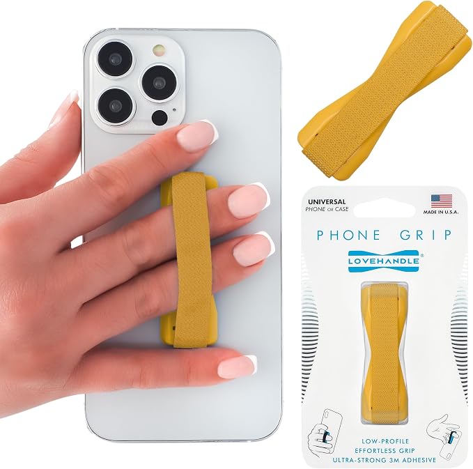 LOVEHANDLE Universal Phone Grip for Smartphones & Mini Tablets - Phone Holder for Hand - Wireless Charging Compatible - Made in The USA - Solid Goldenrod