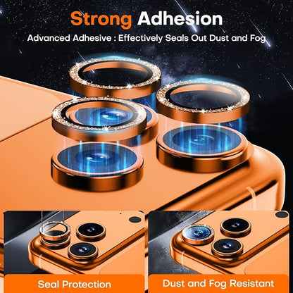 Camera Lens Protector for iPhone 17 Pro Max/17 Pro/16 Pro Max/16 Pro/15 Pro Max/15 Pro/14 Pro Max/14 Pro,Tempered Glass Metal Individual Cover[Anti-drop] Case Friendly- Glitter Cosmic Orange