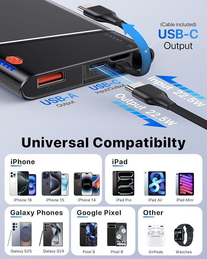 Aaoyun 10000mAh Portable Power Bank, 22.5W PD Fast Charging Battery Pack with Built-in USB-C Cable, Ultra-Slim External Phone Charger for iPhone 17/16/15, Samsung Galaxy S24, Android (Grey)