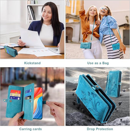 Lacass for iPhone 17 Case Wallet,[Cards Theft Scan Protection] Card Holder Zipper Leather Flip Cover Crossbody Wrist Strap with Stand (Floral Blue Green)