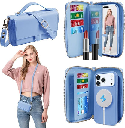 Lacass for iPhone 17 Pro Detachable Crossbody Wallet Case, Compatible with MagSafe Magnetic 2 in 1 RFID Blocking PU Leather Wallet Cover Card Holder Zipper Make Up Mirror (Blue)