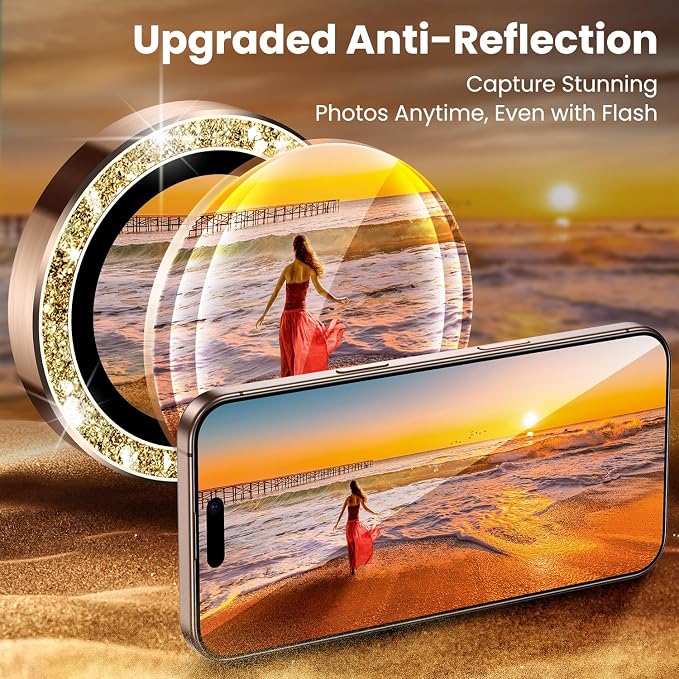 Uyiton 4 Pack Bling for iPhone 15 Pro /15 Pro Max Camera Lens Protector - Not Easy to Break Strong Adsorption Individual Metal Tempered Glass Rear Camera Screen Cover - Glitter Gold