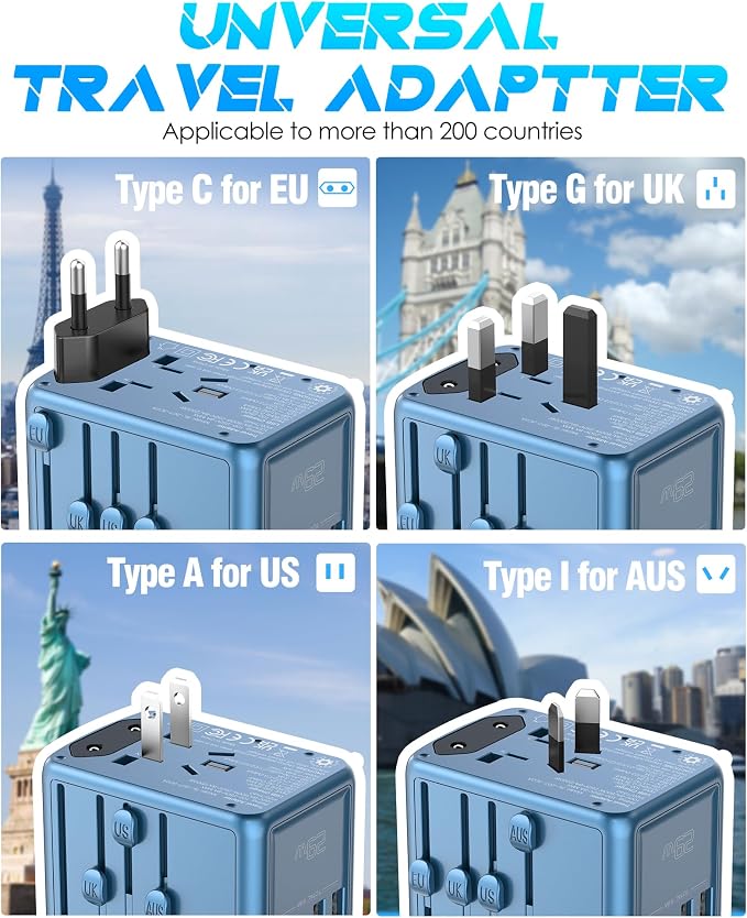 Universal Travel Adapter with 5 USB C/A Ports 30W Fast Charging, Blue | International Power Adapter for Europe UK Japan 200+ Countries, Travel Charger for Phone Laptop, 10A Fuse, 2500W AC Outlet