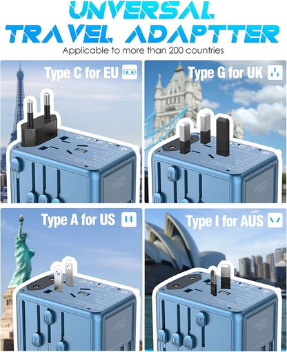 Universal Travel Adapter with 5 USB C/A Ports 30W Fast Charging, Blue | International Power Adapter for Europe UK Japan 200+ Countries, Travel Charger for Phone Laptop, 10A Fuse, 2500W AC Outlet