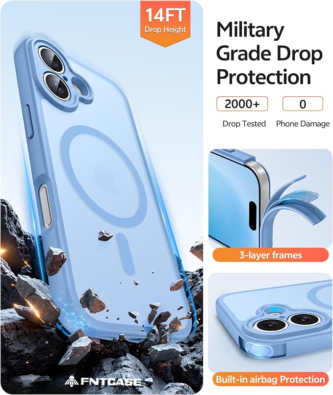FNTCASE for iPhone 16 Case [Compatible with Magsafe] Translucent Matte Cases with [Screen Protector] Military Grade Shockproof Protective Phone Cover - Light Blue