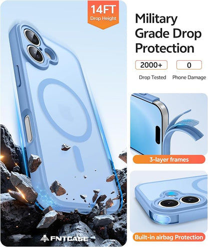 FNTCASE for iPhone 16 Case [Compatible with Magsafe] Translucent Matte Cases with [Screen Protector] Military Grade Shockproof Protective Phone Cover - Light Blue