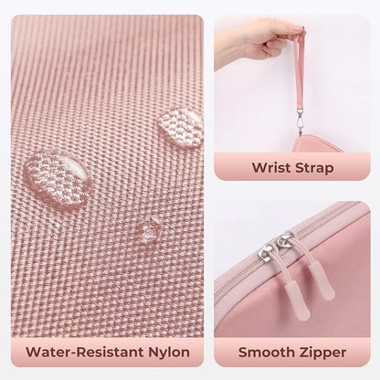 FYY Travel Cable Organizer - 8 Compartments, Lightweight, Water Repellent | With Wrist Strap, Portable Tech Pouch for Cord Charger, Travel and Business Trips Use, Soft Shell Nylon, Pink (Large)