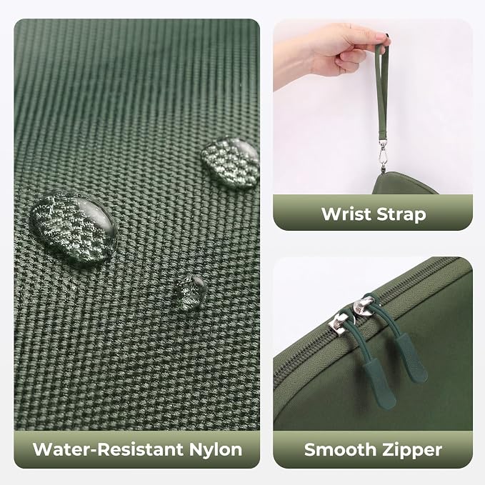 FYY Travel Cable Organizer - 8 Compartments, Lightweight, Water Repellent | With Wrist Strap, Portable Tech Pouch for Cord Charger, Travel and Business Trips Use, Soft Shell Nylon, Green (Medium)