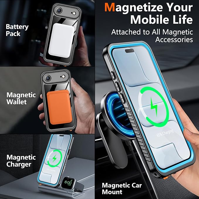 SPIDERCASE Magnetic for iPhone Air Case Waterproof, Built-in Lens & Screen Protector,[IP68 Underwater][15FT Military Shockproof] [Dustproof] Full Body Protection Cover for iPhone 17 Air 6.5’’,Blue