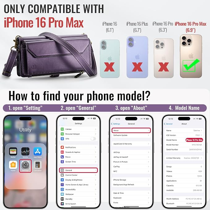 Strapurs Wallet Case Compatible with iPhone 16 Pro Max 6.9" RFID Blocking 10-Card Holder Soft PU Leather Magnetic Snap Shoulder Strap Zipper Pocket Phone Case Fit for iPhone 16 Pro Max - Purple