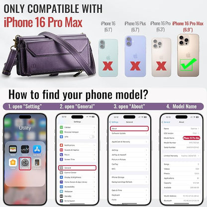 Strapurs Wallet Case Compatible with iPhone 16 Pro Max 6.9" RFID Blocking 10-Card Holder Soft PU Leather Magnetic Snap Shoulder Strap Zipper Pocket Phone Case Fit for iPhone 16 Pro Max - Purple