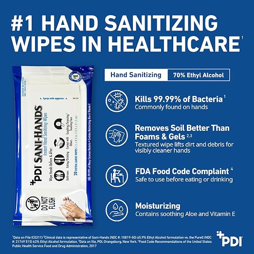 Sani-Hands Hand Sanitizer Wipes, Ethyl Alcohol Wipes with Aloe and Vitamin E, Hand Sanitizer Travel, Home, Outdoor Use, 5.5 in x 8.4 in