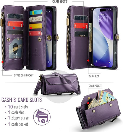 Strapurs Wallet Case Compatible with iPhone 17 Pro Max 6.9" RFID Blocking 10-Card Holder Soft PU Leather Magnetic Snap Shoulder Strap Zipper Pocket Phone Case Fit for iPhone 17 Pro Max - Purple