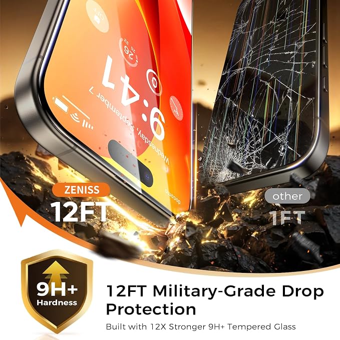 NeverBreak 9H+ Hardness for iPhone 15 Pro Max Screen Protector 12FT Military Grade Protection (Scratch, Shatter, Drop Resistance) Tempered Glass Full Edge Coverage 6.7" 2 Pack Replacement Phone Backs