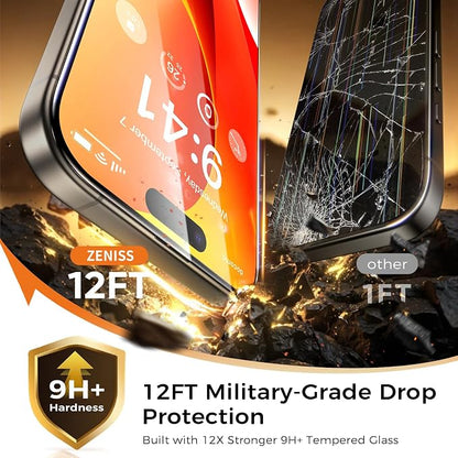 NeverBreak 9H+ Hardness for iPhone 15 Pro Max Screen Protector 12FT Military Grade Protection (Scratch, Shatter, Drop Resistance) Tempered Glass Full Edge Coverage 6.7" 2 Pack Replacement Phone Backs