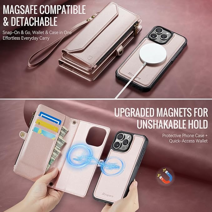 Strapurs for iPhone 16 Pro Max Detachable Wallet Case Compatible with Magsafe, RFID Blocking 9-Card Holder Zipper Strap Lanyard PU Leather Magnetic Phone Case for iPhone 16 Pro Max 6.9", Rose Gold