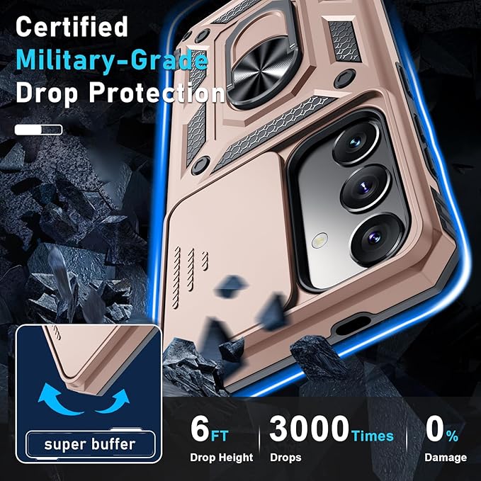 Janmitta Compatible with Samsung Galaxy S25 Plus/S24 Plus Case Built in Slide Camera Lens Cover+Screen Protector+Finger Ring Holder Kickstand,Heavy Duty Shockproof Full Body Phone Cover,Rose Gold