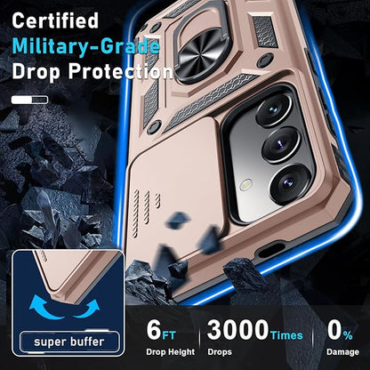 Janmitta Compatible with Samsung Galaxy S25 Plus/S24 Plus Case Built in Slide Camera Lens Cover+Screen Protector+Finger Ring Holder Kickstand,Heavy Duty Shockproof Full Body Phone Cover,Rose Gold