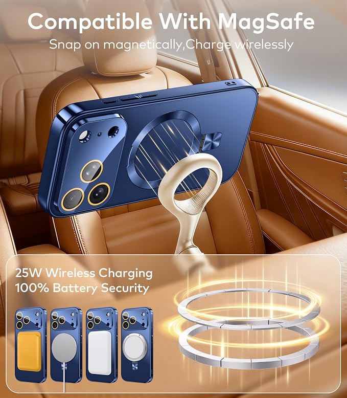 Magnetic for iPhone 17 Pro Max Case with Ring Stand, Fits MagSafe, with Built-in Camera Lens Protector, Slim Electroplated Shockproof Phone Cover, Blue