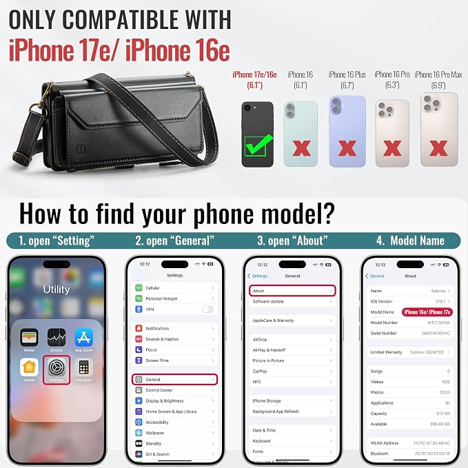 Strapurs Crossbody Wallet Case Compatible with iPhone 17e / iPhone 16e RFID Blocking 7-Card Holder PU Leather Magnetic Snap Shoulder Strap Zipper Pocket Phone Cases for iPhone 17e / 16e - Black