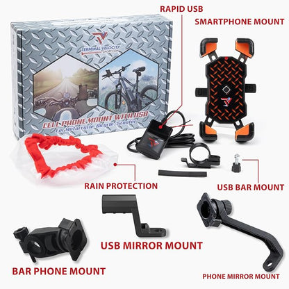 Motorcycle Phone Mount with USB Charger (3.25–7") – Waterproof Cell Phone Holder for Motorcycle, ATV, Snowmobile – 12V Dual USB-C Fast Charging – Includes Mirror Mount & Rain Cover