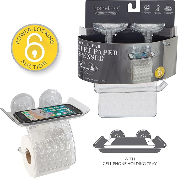Bath Bliss Suction Cup Toilet Paper Dispenser | Power Lock Suction Mount | Phone and Wipes Holder Tray | Not Tools Required |Smooth Surfaces Only | Tile | Glass | Metal | Plastic | Bathroom | Clear
