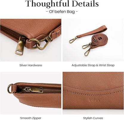 befen Genuine Leather Wristlet Wallet for Women Soft RFID Leather Clutch Purse with Built in Wallet Trendy Crossbody Bag