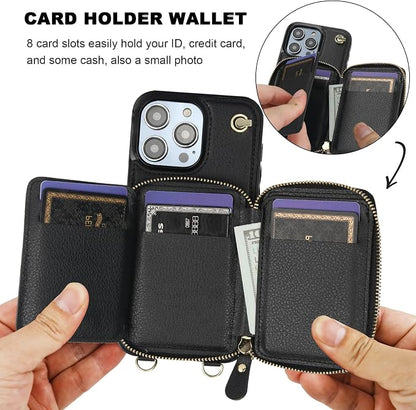 Bocasal for MagSafe Crossbody Wallet Case Compatible with iPhone 14 Pro Max, RFID Blocking Protective Purse Case with Card Slots Holder Kickstand Wrist Strap Lanyard Zipper 6.7 Inch 5G (Black)
