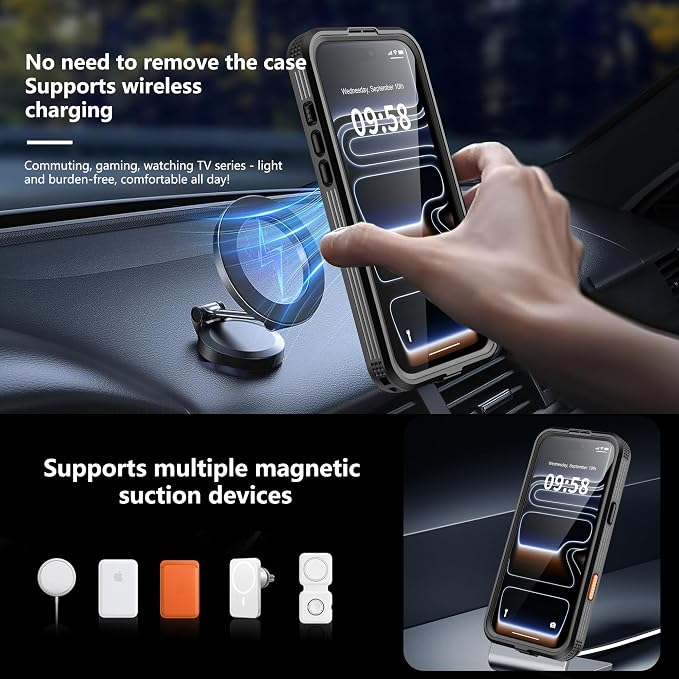 GOLDJU 2025 New Magnetic for iPhone 17 Pro Max Case-Waterproof, Built-in Screen & Camera Protector-IP68 Underwater Full Body 16FT Military Dropproof Shockproof Case for 17 Pro Max 6.9''-Black