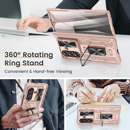 VEGO for Samsung Galaxy Z Fold 7 Case with Stand,Built in Screen Protector | Slide Lens Cover & Hinge Protection Hard Shell Rugged Kickstand Full Body Protective Phone Case for Z Fold 7 2025 - Rose Gold
