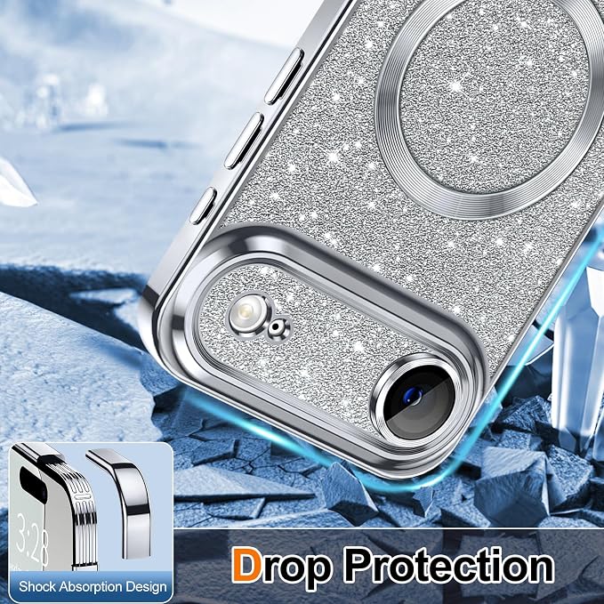Hython for iPhone Air Case Glitter Clear Magnetic Phone Cases [Compatible with MagSafe] Full Camera Lens Protector Sparkle Luxury Plating Slim Shockproof Protective Cover Women, Silver