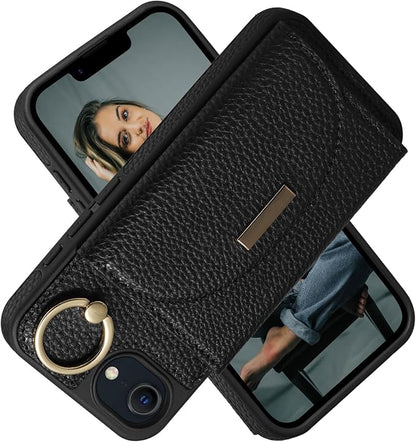Keallce Wallet Case for iPhone 16e, Flip Case with Card Slots, Ring Holder Kickstand, PU Leather Protective Folio Cover for Women, Black