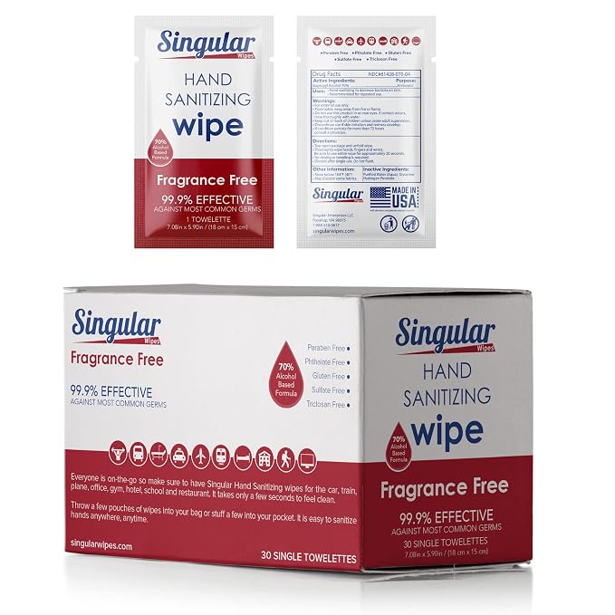 Hand Sanitizing Wipes Travel Size by Singular Wipes –30ct Individually Wrapped | Fragrance-Free, Moisturizing, 70% Isopropyl Alcohol Wipes | Travel, Home, Office, Daily Use