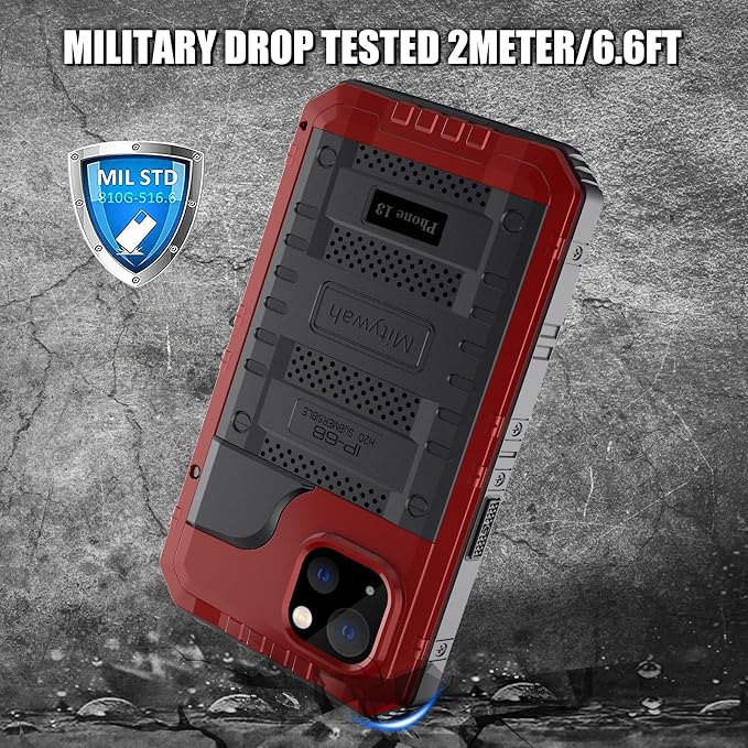 Mitywah Waterproof Case for iPhone 13, Heavy Duty Military Grade Drop Protection Phone Case with Built-in Screen Protector, 360° Full Body Protection Metal Armor Dropproof Case 6.1 inch, Red