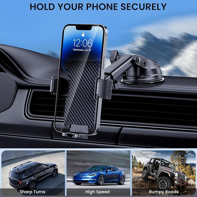 Phone Holder Car [Military-Grade Suction] Universal Car Phone Holder [Thick Case Friendly] Automobile Accessories Dashboard Air Vent Windshield Phone Mount Fit for iPhone Android Smartphones