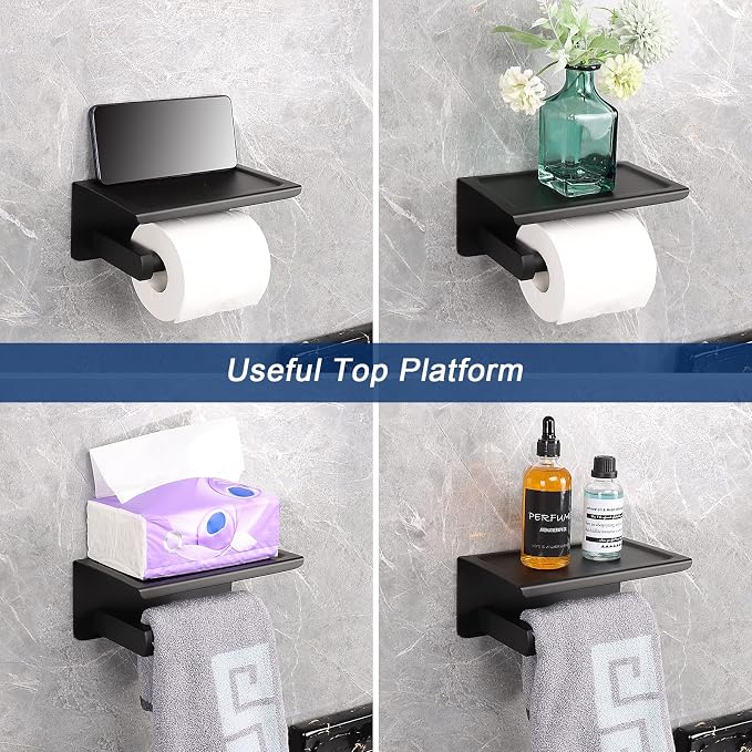 NearMoon Toilet Paper Holder with Shelf, Heavy Duty Bath Toilet Roll Holder with Phone Shelf Tissue Hanger for Bathroom/Kitchen No Drill or Wall Mounted(304 Stainless Steel, Matte Black)