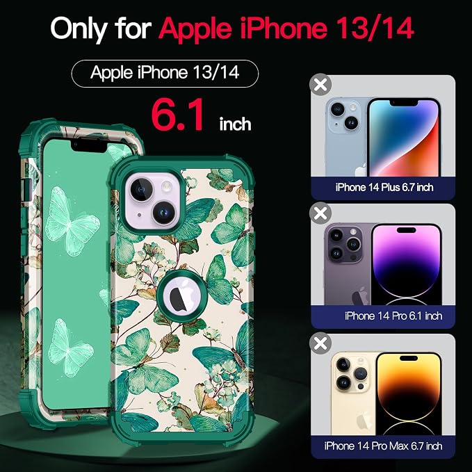 Casetego for iPhone 13 Case,iPhone 14 Case,Three Layer Heavy Duty Sturdy Shockproof Protection Full Rugged Hard PC+Soft TPU Bumper Protective Girls Case for Apple iPhone 13/14 6.1 inch,Sap Green