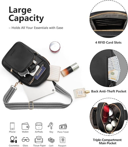 Anti Theft Crossbody Bags for Women,RFID Sling Bag Travel Purse,Vegan Leather Cross Body Purses Chest Bag for Travel(Pure Black) | Multi-Pocket, Structured bag, Any Occasion