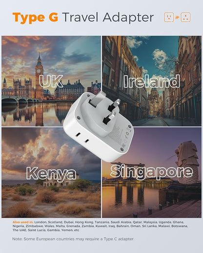 TESSAN UK Adapters for Travel, Type G Adaptor, 2 Pack | 4 Outlets 3 USB (1 USB C PD 20W), USA to Ireland Scotland Dubai Hong Kong England British Kenya London