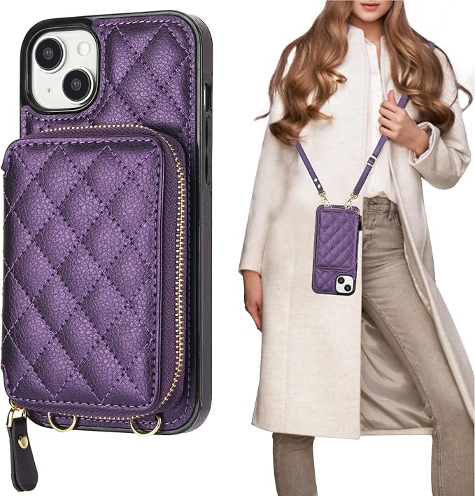 Bocasal Crossbody Wallet Case for iPhone 14 Plus, RFID Blocking PU Leather Zipper Handbag Purse Flip Cover, Kickstand Folio Case with Card Slots Holder Wrist Strap Lanyard 5G 6.7 Inch (Dark Purple)