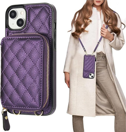 Bocasal Crossbody Wallet Case for iPhone 14 Plus, RFID Blocking PU Leather Zipper Handbag Purse Flip Cover, Kickstand Folio Case with Card Slots Holder Wrist Strap Lanyard 5G 6.7 Inch (Dark Purple)