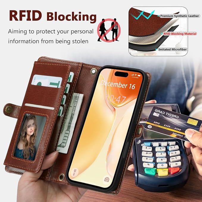 Wallet Case for iPhone 15 with Card Holder/Crossbody Wallet/Strap| RFID Blocking | Magnetic | Kickstand | Detachable | PU Leather Phone Case for iPhone 15,6.1 in,Brown