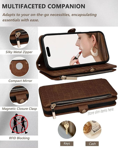 Crossbody Wallet Case for iPhone 15 Pro Max with Mirror, Wrist Strap, Zipper Purse Magnetic Flip RFID Blocking Card Holder, Wireless Charging, PU Leather Shockproof 6.7" Women (Brown)