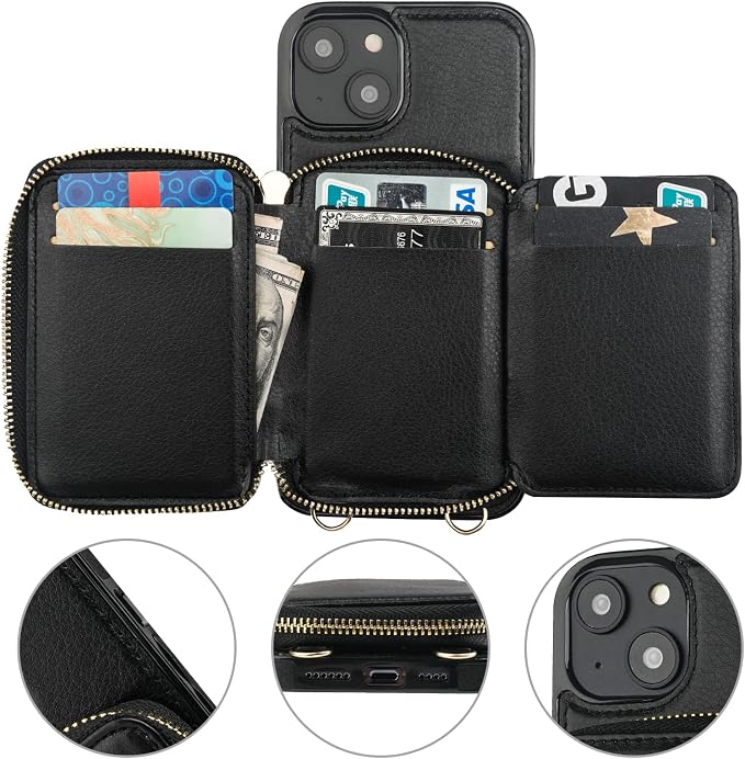 Bocasal RFID Blocking Wallet Case for iPhone 14 Plus, Adjustable Crossbody Zipper Purse Case Card Holder with Kickstand Detachable Wrist Strap, PU Leather Flip Folio Case 6.7 Inch 5G (Black)