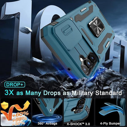 DEERLAMN Case for Samsung Galaxy S23 FE 6.4-Inch with Slide Camera Cover+Screen Protector(1 Pack),Rotated Ring Kickstand Military Grade Shockproof Protective Cover-Light Blue