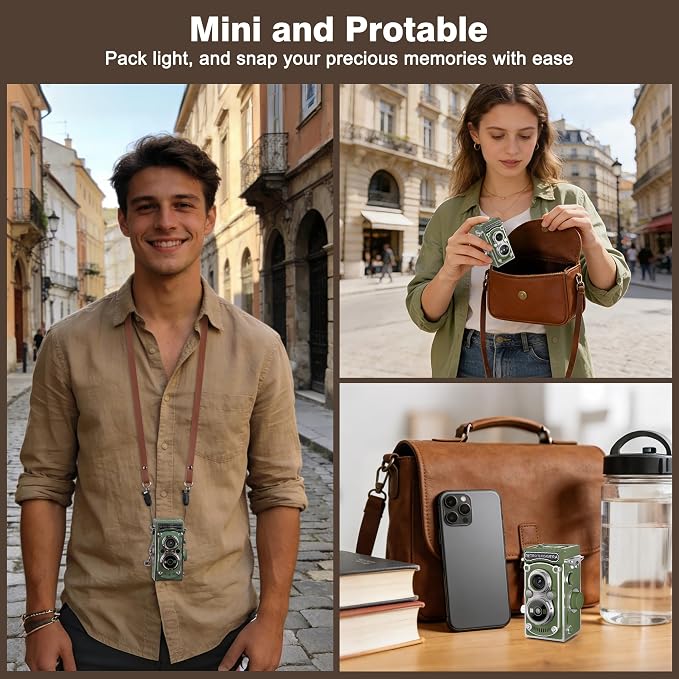 Mini Retro TLR Digital Camera, Portable 24MP 1080P FHD Vintage Point and Shoot Pocket Travel Camera with Twin Lens, Autofocus, 16X Digital Zoom, 16GB Card, for Beginners, Teens & Adults - Green