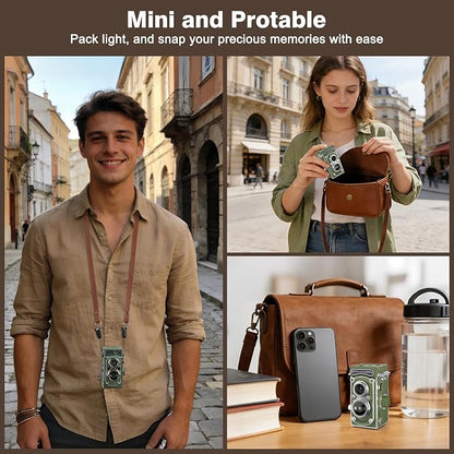 Mini Retro TLR Digital Camera, Portable 24MP 1080P FHD Vintage Point and Shoot Pocket Travel Camera with Twin Lens, Autofocus, 16X Digital Zoom, 16GB Card, for Beginners, Teens & Adults - Green